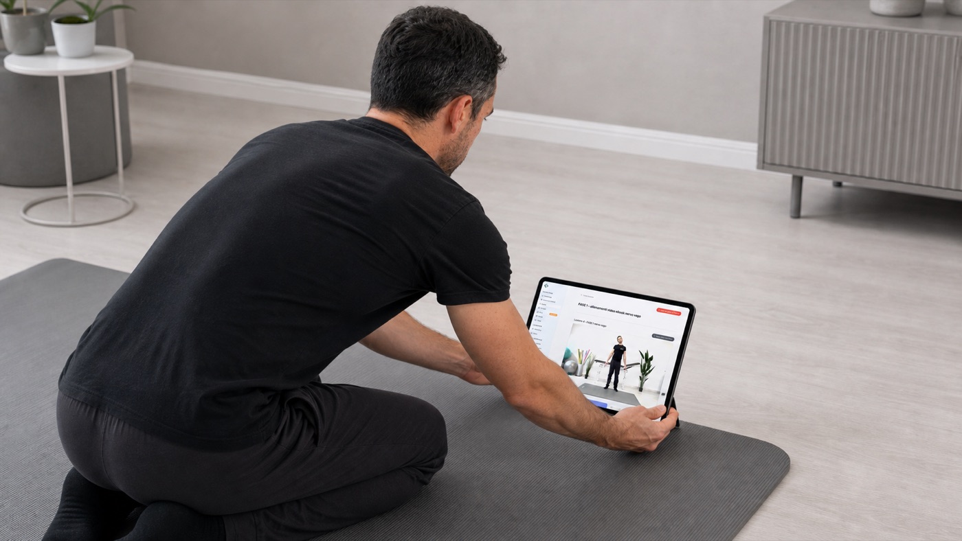 La piattaforma Fitness Sicuro aperta su un tablet, durante una sessione a casa